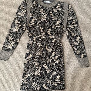 Zara Black and Cream Patterned Long Sleeve Dress